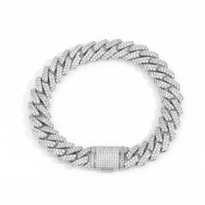 S925 Moissanite Diamond Prong Cuban Link Bracelet in White Gold - 12mm | Bling Proud Bracelets