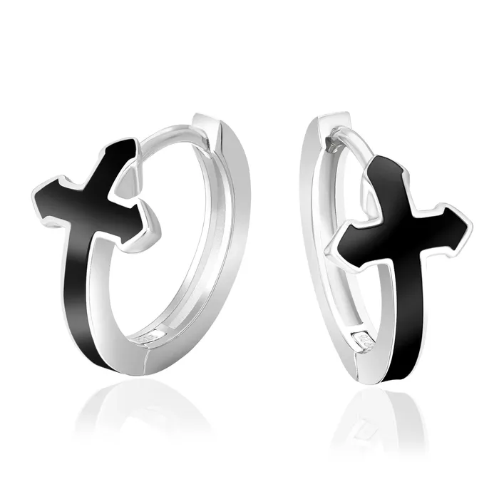 S925 Silver Black Cross Hoop Earrings in White Gold - 15mm KRKC Earrings