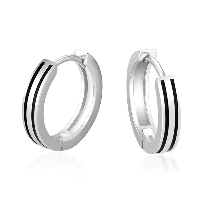 S925 Silver Black Stripe Hoop Earrings in White Gold - 15mm KRKC Earrings