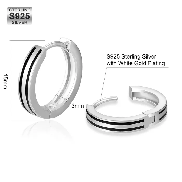 S925 Silver Black Stripe Hoop Earrings in White Gold - 15mm | KRKC Earrings