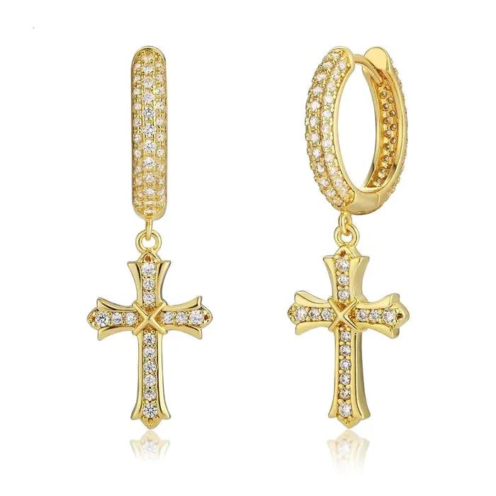 S925 Sterling Silver Diamond Iced Out Hoop Dangle Iris Cross Earrings KRKC Earrings