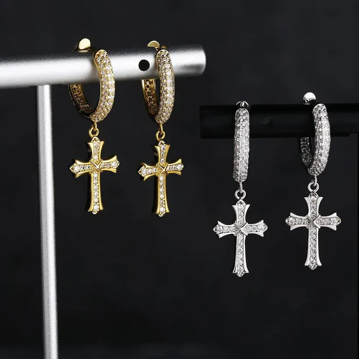 S925 Sterling Silver Diamond Iced Out Hoop Dangle Iris Cross Earrings | KRKC Earrings