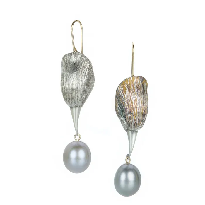 Silver Bird Head Earrings with Gray Pearl Drops Gabriella Kiss Earrings