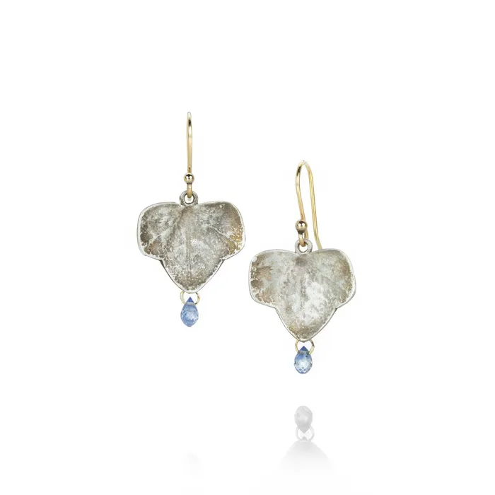 Small Silver Ivy Leaf Earrings with Sapphire Drops Gabriella Kiss Earrings