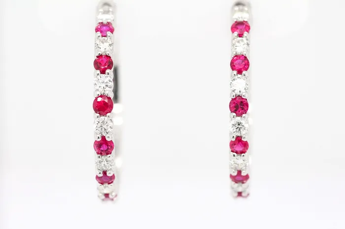 SUNRISE JEWELRY MFG CORP Earrings 14KW 1.03 CTTW RUBY AND DIAMOND HOOP EARRINGS .72 CTTW H-SI1