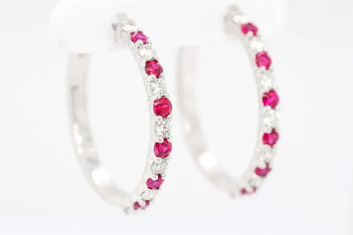 SUNRISE JEWELRY MFG CORP Earrings | 14KW 1.03 CTTW RUBY AND DIAMOND HOOP EARRINGS, .72 CTTW H-SI1