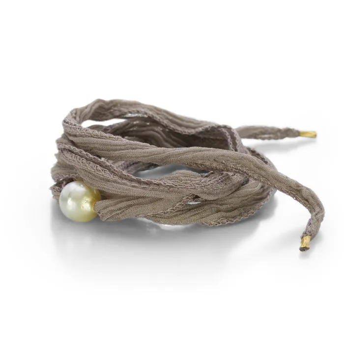 Taupe Silk with Pearl Wrap Bracelet Gellner Bracelets