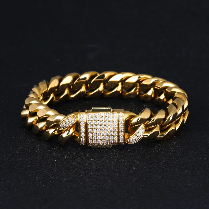 THE GOLDEN NUGGET® - 12mm Iced Out Mens Miami Cuban Link Bracelet in 18K Gold KRKC Bracelets