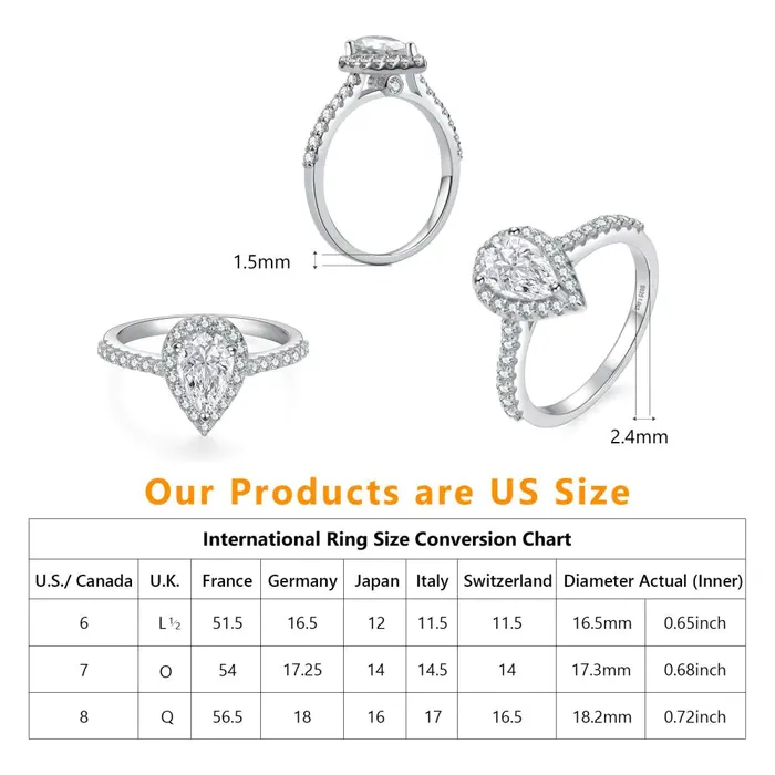 WuZouLiShiDa Rings | Pear Cut Moissanite Diamond Paved Halo Ring for Women