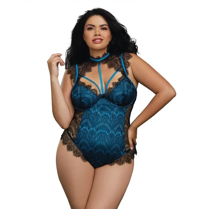 Dreamgirl Vibrators Eyelash Lace Collared Teddy 1x Black Teal