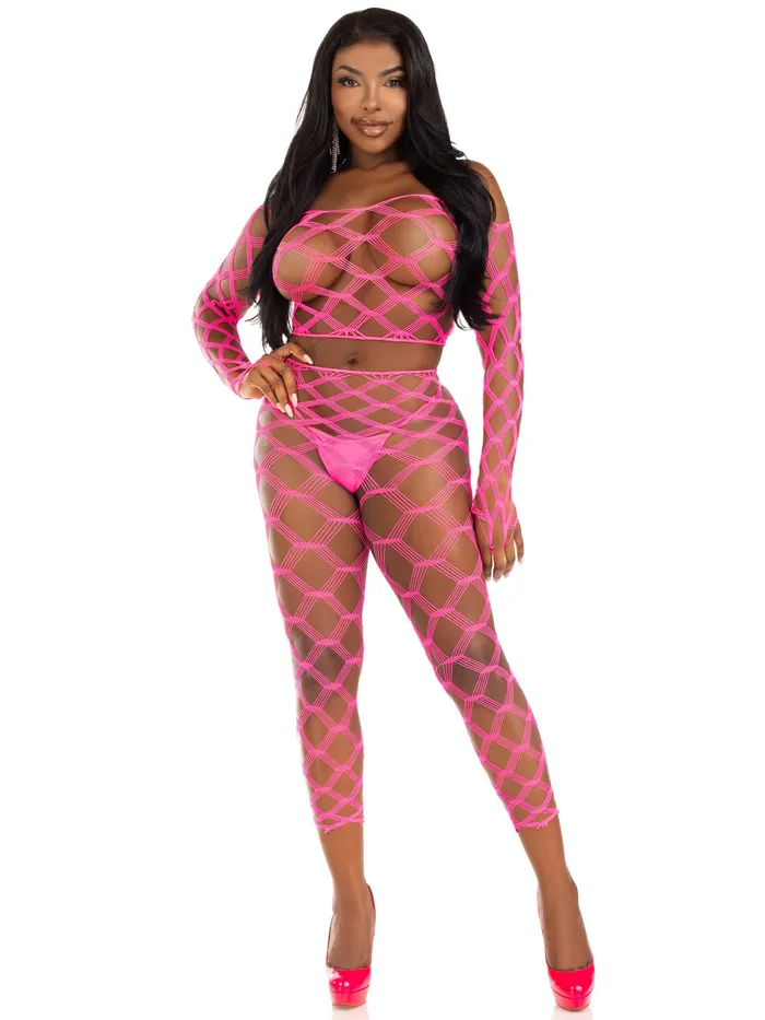 Leg Avenue Vibrators 2 Pc Net Crop Top and Footless Tights One Size Neon Pink Leg Avenue Vibrators 2 Pc Net Crop Top and Footless Tights One Size Neon Pink