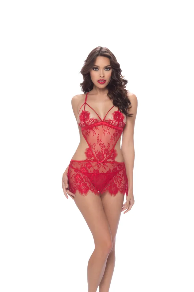 Oh La La Cheri Male Sex Toys Eyelash Lace Apron Babydoll With Tie Back GString Small Medium Red Oh La La Cheri Male Sex Toys Eyelash Lace Apron Babydoll With Tie Back GString Small Medium Red