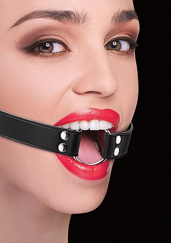 Shots Ouch Restraints Ring Gag With Leather Straps Black