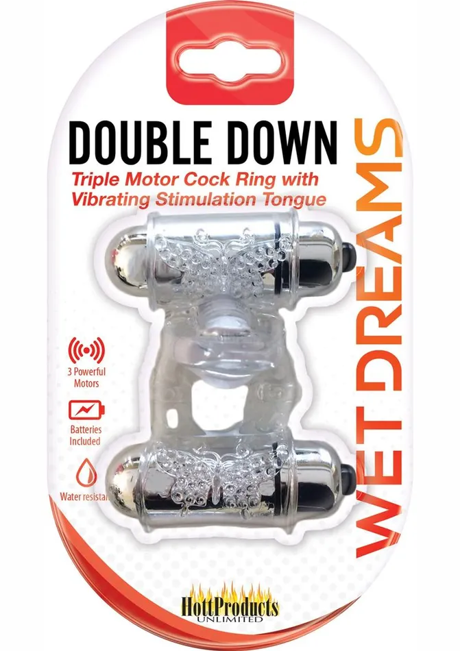 Wet Dreams Double Down Triple Motor Cock Ring with Vibrating Stimulating Tongue Waterproof Wet Dreams Male Sex Toys