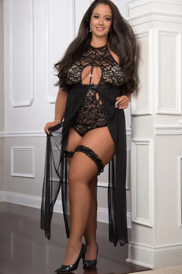 Black 2pc Flyaway Slitted Long Dress Teddy With Snap Crotch and Laced Garters Queen Size GWorld Vibrators Black 2pc Flyaway Slitted Long Dress Teddy With Snap Crotch and Laced Garters Queen Size GWorld Vibrators