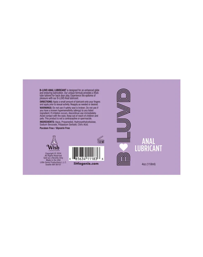 Little Genie Lubricants BLuvd Anal Lubricant 4oz Little Genie Lubricants BLuvd Anal Lubricant 4oz