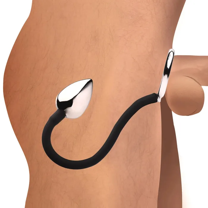 Tug Plus Plug Cock and Ball Ring With Anal Plug Black XR Brands Master Series Male Sex Toys