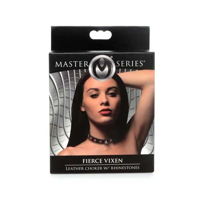 Master Series Restraints Bling Vixen Leather Choker w Red Rhinestones