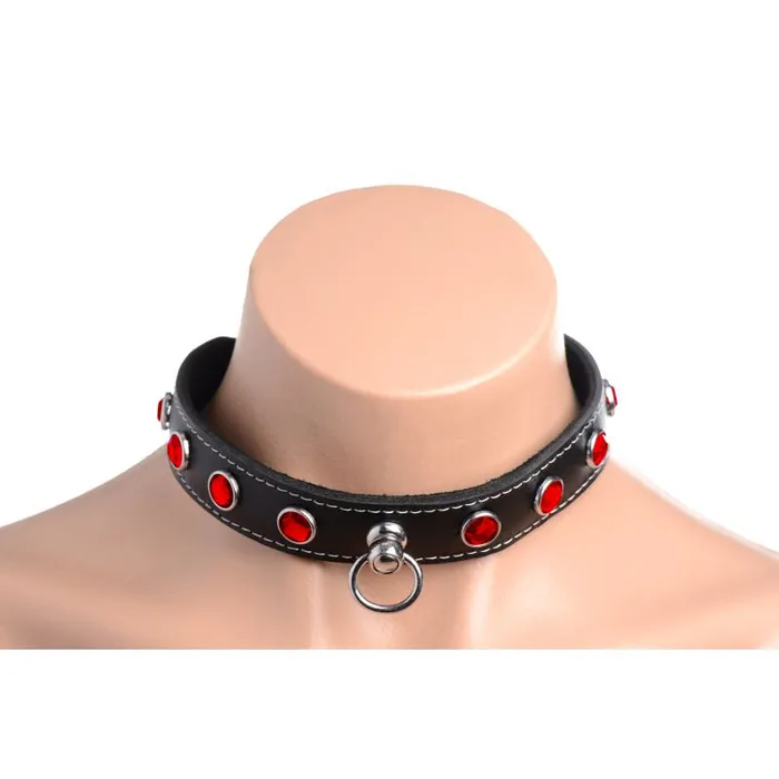 Master Series Restraints Bling Vixen Leather Choker w Red Rhinestones