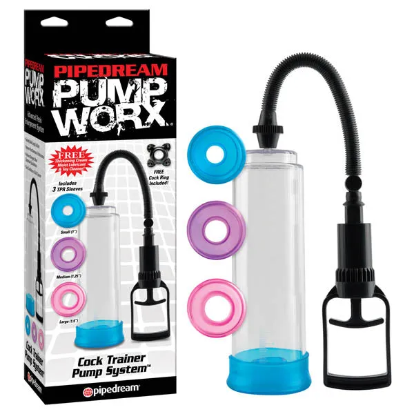 Male Sex Toys Pipedream Pump Worx Cock Trainer Pump System Clear Penis Pump with 3 Sleeves Male Sex Toys Pipedream Pump Worx Cock Trainer Pump System Clear Penis Pump with 3 Sleeves